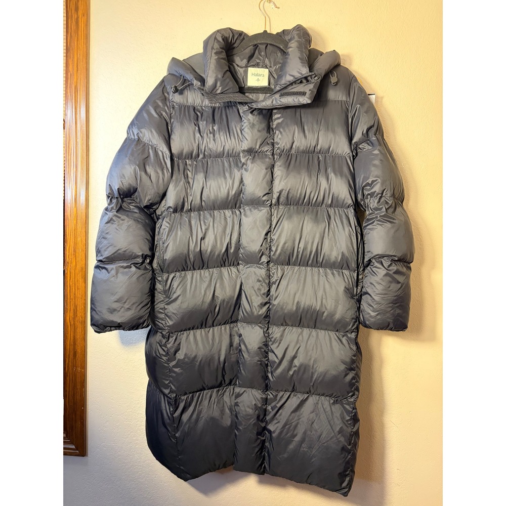 Halara Black Hooded Longline Puffer Jacket Coat Size Medium Winter Outerwear
